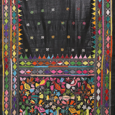 Black Handwoven Kantha Stitch Silk Saree