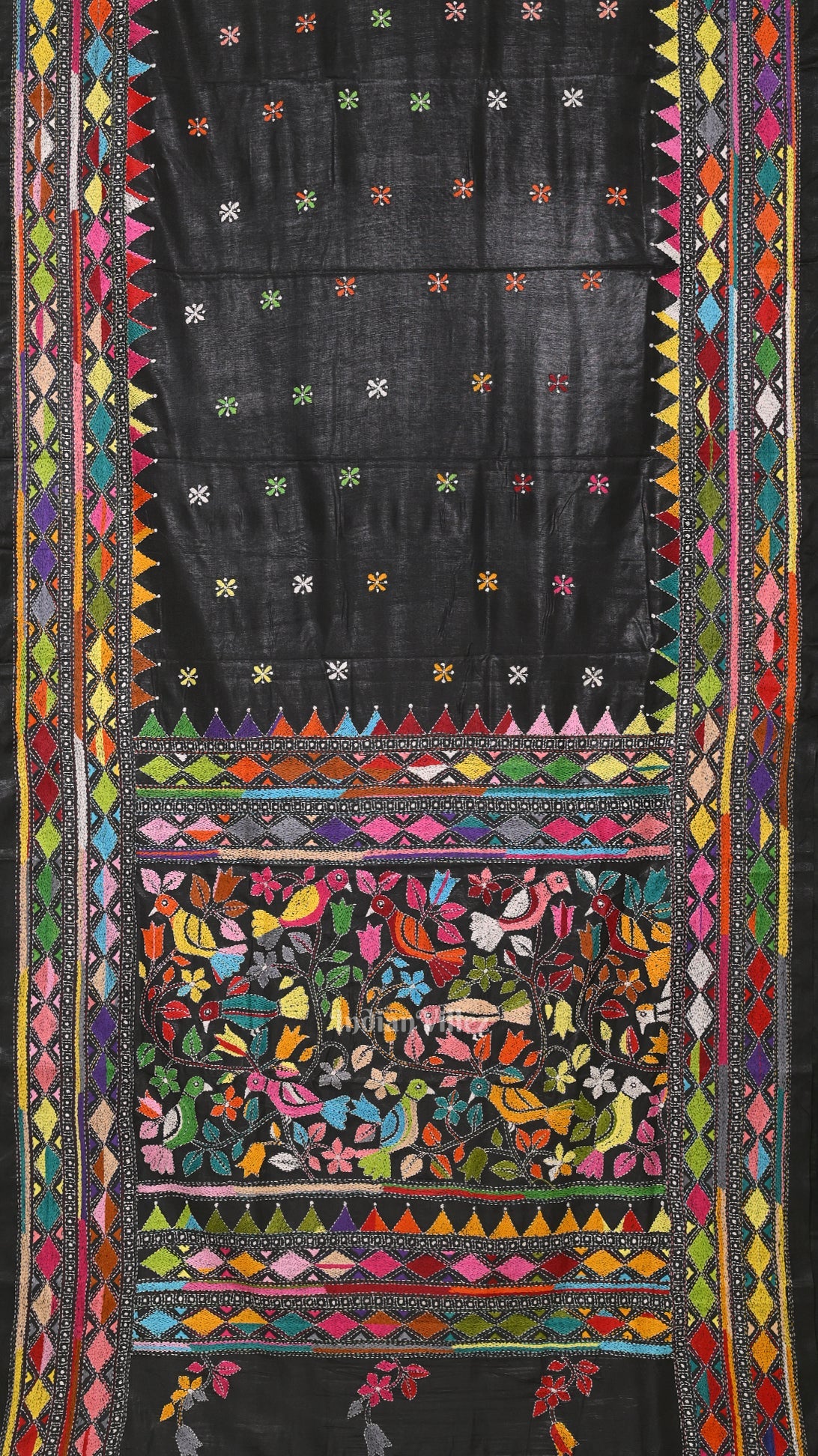 Black Handwoven Kantha Stitch Silk Saree