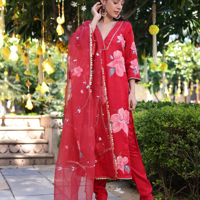Raspberry Blush Red Handpainted Satin Suit Set