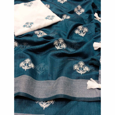 Morpich Floral Embroidered Raw Silk Saree