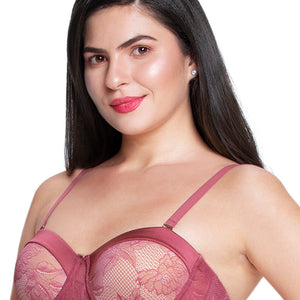 Satin Touch Strapless Padded wired Lace Bra - Autumn Rose