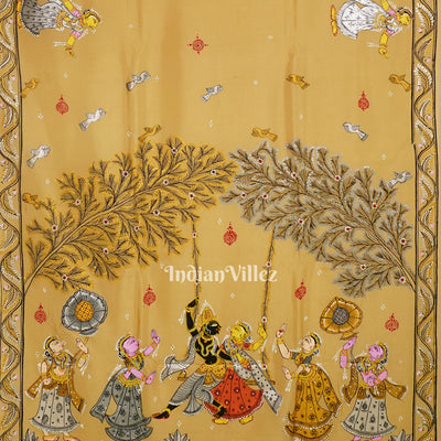 Honey Gold Krishna Rasleela Hand-Painted Pattachitra Saree
