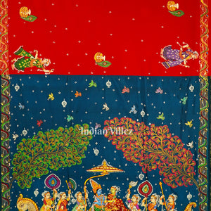 Teal And Red Krishna Radha With Boita Theme Hand-Painted Pattachitra Saree