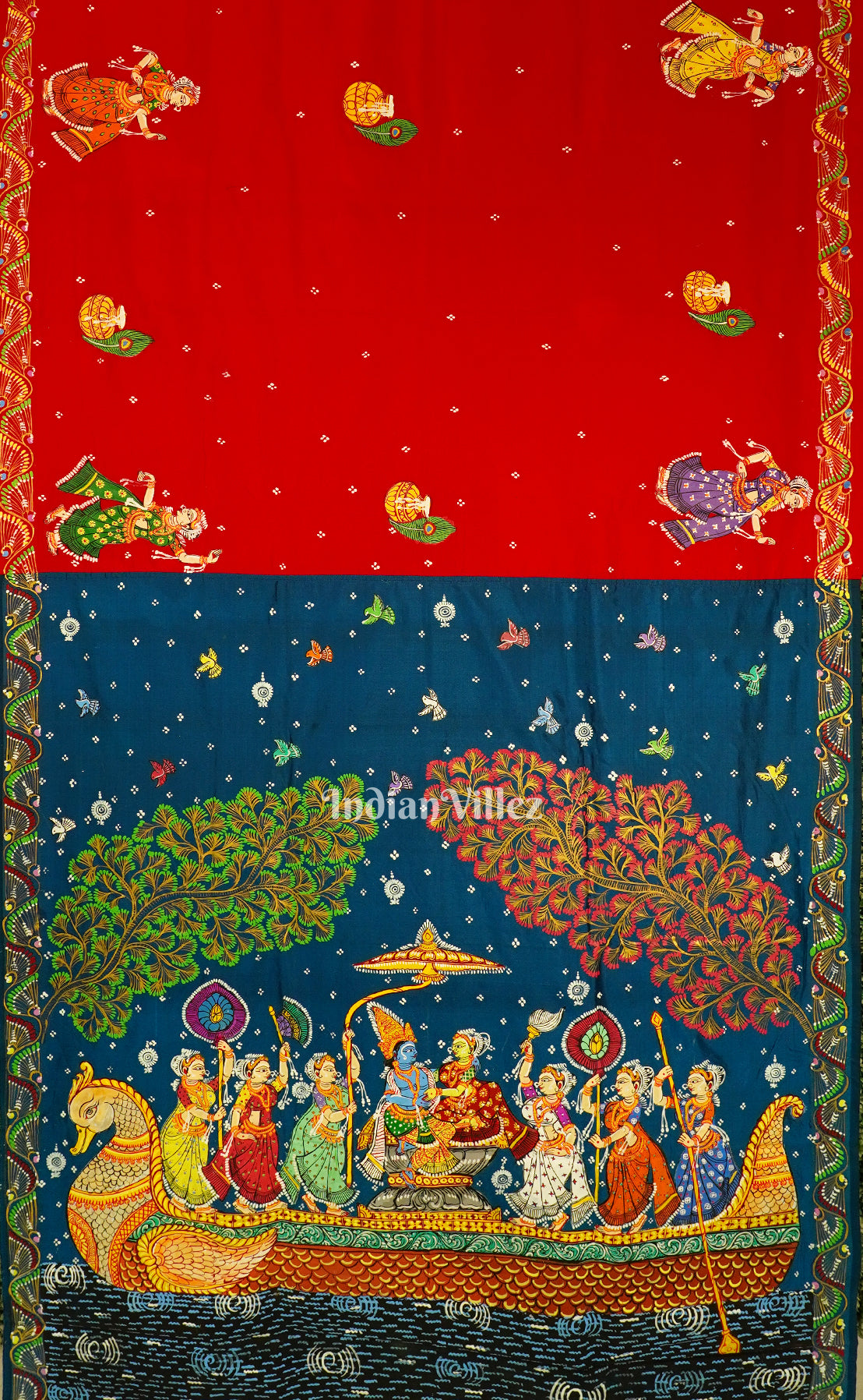 Teal And Red Krishna Radha With Boita Theme Hand-Painted Pattachitra Saree
