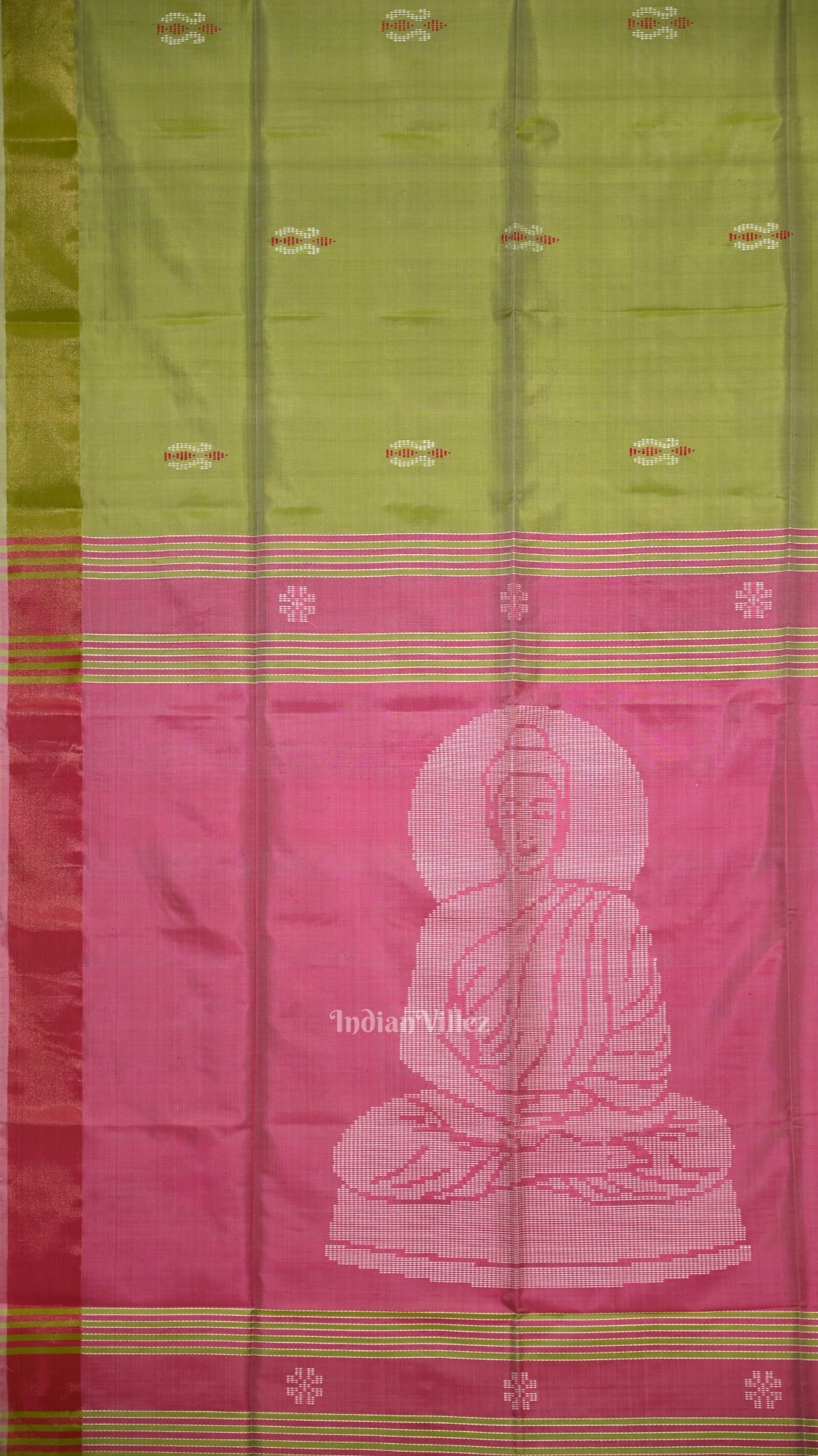 Green Pink Pure Bishnupuri Silk Saree with Budha Tissue Anchal