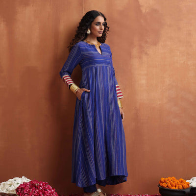 trueBrowns Blue Stripe Flared Anarkali Kurta Set