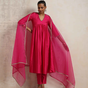 trueBrowns Pink Silk Anarkali Kurta Pant Dupatta Set