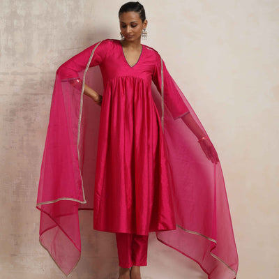 trueBrowns Pink Silk Anarkali Kurta Pant Dupatta Set