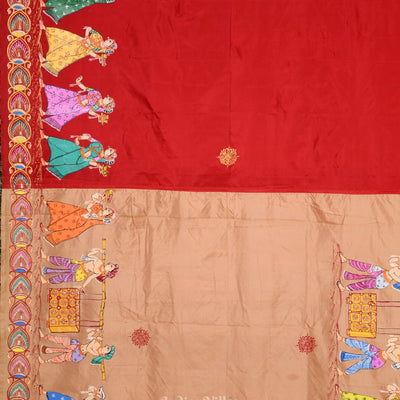Golden  Red Boita Theme Hand-Painted Pattachitra Saree