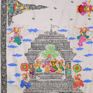 White Radha Krisha Hand-Painted Pattachitra Saree