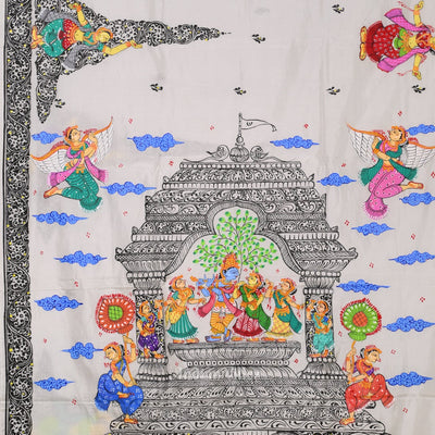 White Radha Krisha Hand-Painted Pattachitra Saree