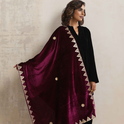 trueBrowns Wine Velvet Gota Patti Stole