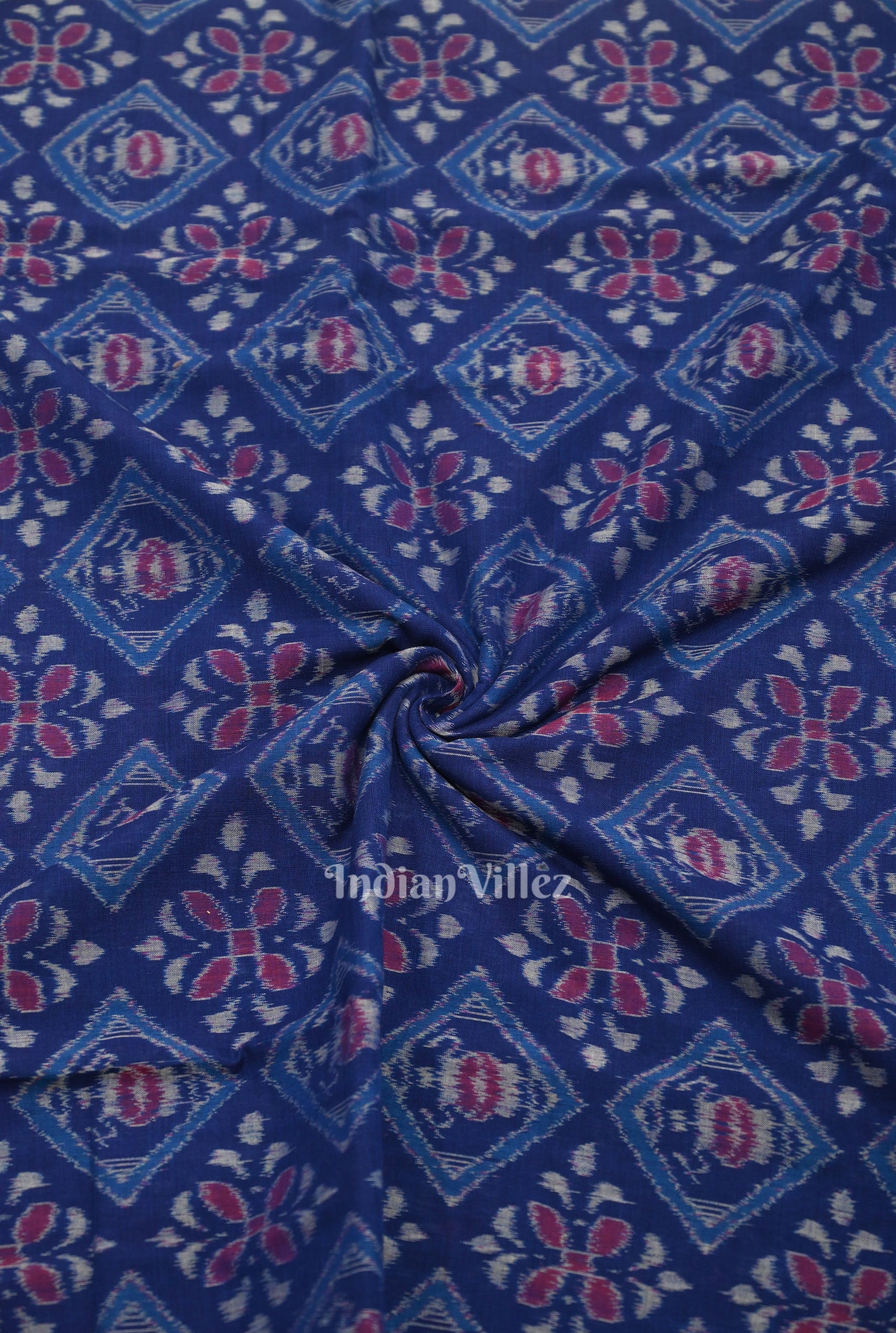 Royal Blue Floral Motif Sambalpuri Ikat Cotton Fabric
