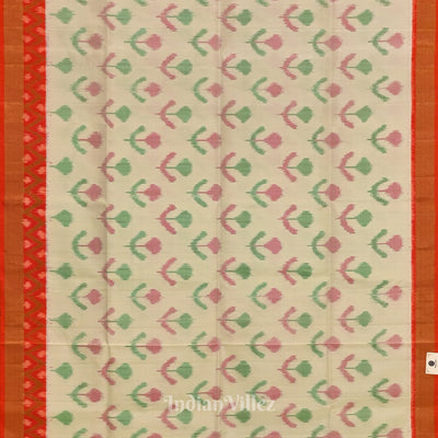 Exclusive White with Red Floral Theme Handloom Pochampally Ikat Saree
