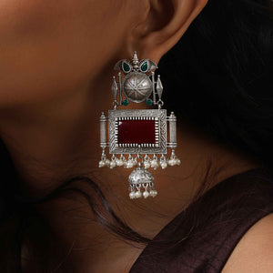 trueBrowns Silver Tone Red Stone Dangle Earrings
