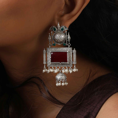 trueBrowns Silver Tone Red Stone Dangle Earrings