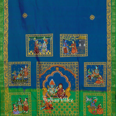 Blue Green Ramayan Theme Hand-Painted Pattachitra Saree