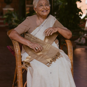 White Handloom Village Cotton Saree With Cross buttas in Red and Black