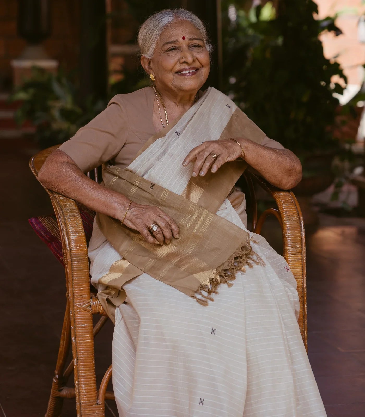 White Handloom Village Cotton Saree With Cross buttas in Red and Black