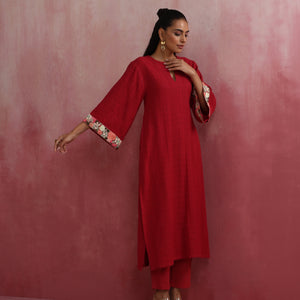 trueBrowns Red Straight Cotton Dobby Kurta Set