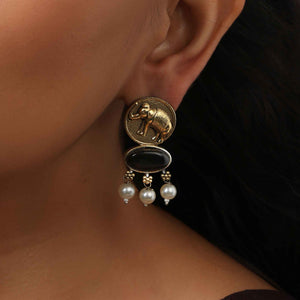 trueBrowns Gold Elephant Embossed Dangle Earrings