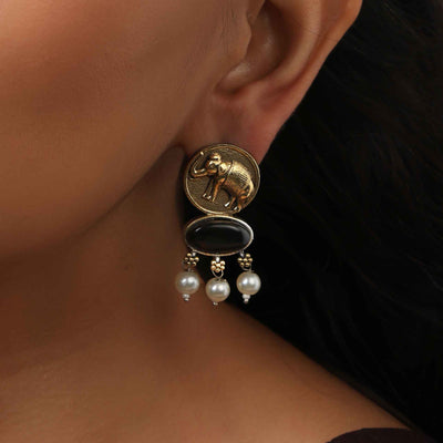 trueBrowns Gold Elephant Embossed Dangle Earrings