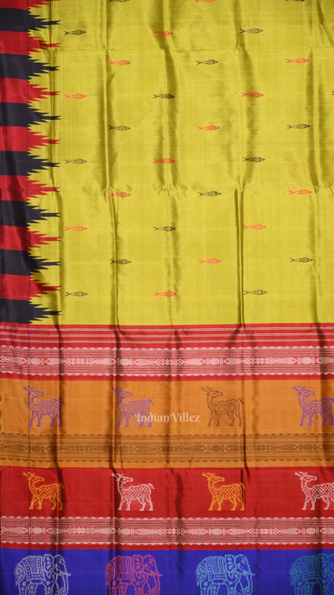 Mehendi Green Phoda Kumbha with Animal Motif  Double Pallu Berhampuri Silk Saree