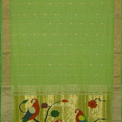 Parrot Green Butta Design Cotton Paithani Saree