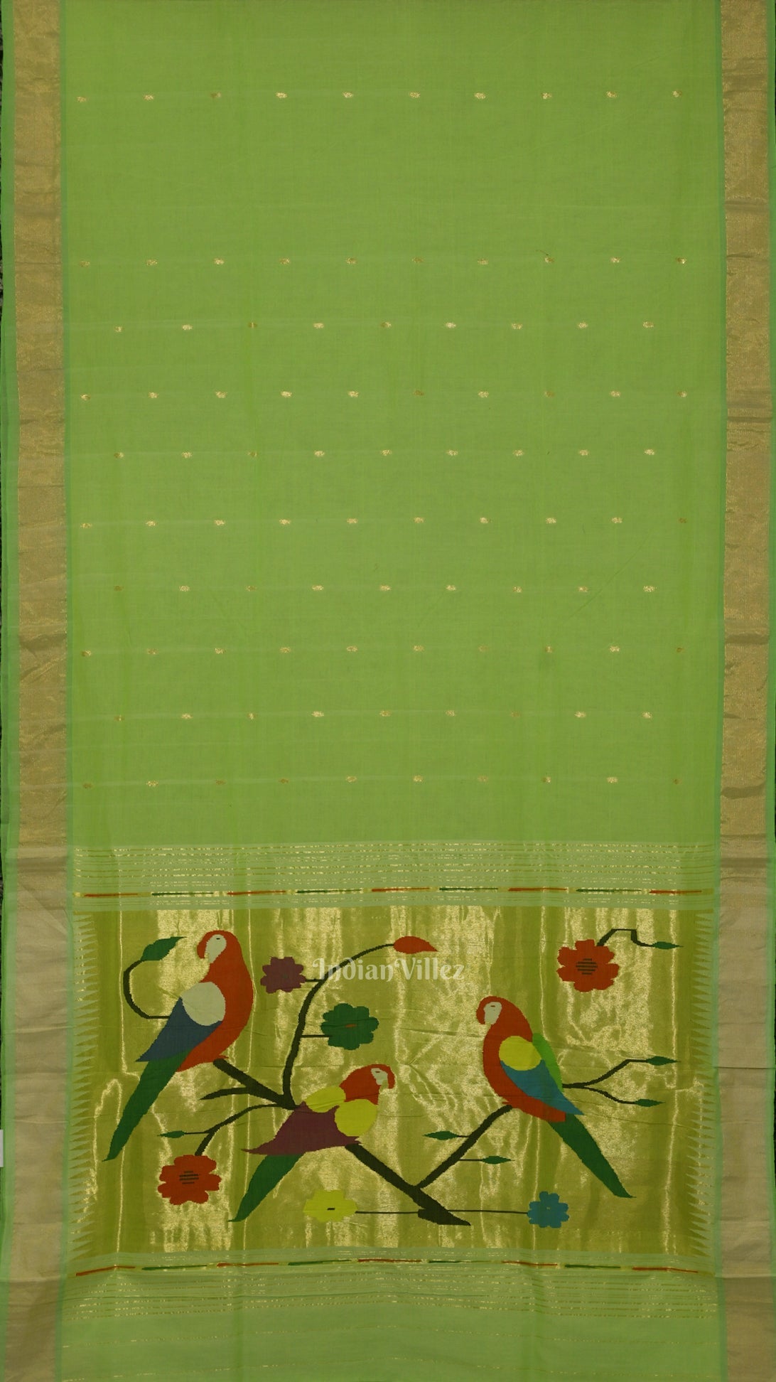 Parrot Green Butta Design Cotton Paithani Saree
