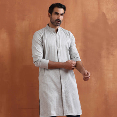 trueBrowns Men's Grey Chanderi Front Open Kurta