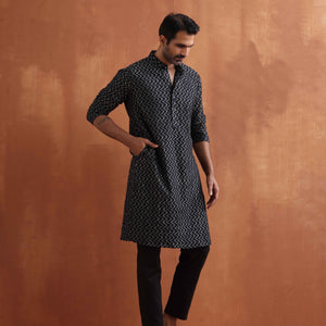 trueBrowns Men's Black Cotton Dobby Kurta