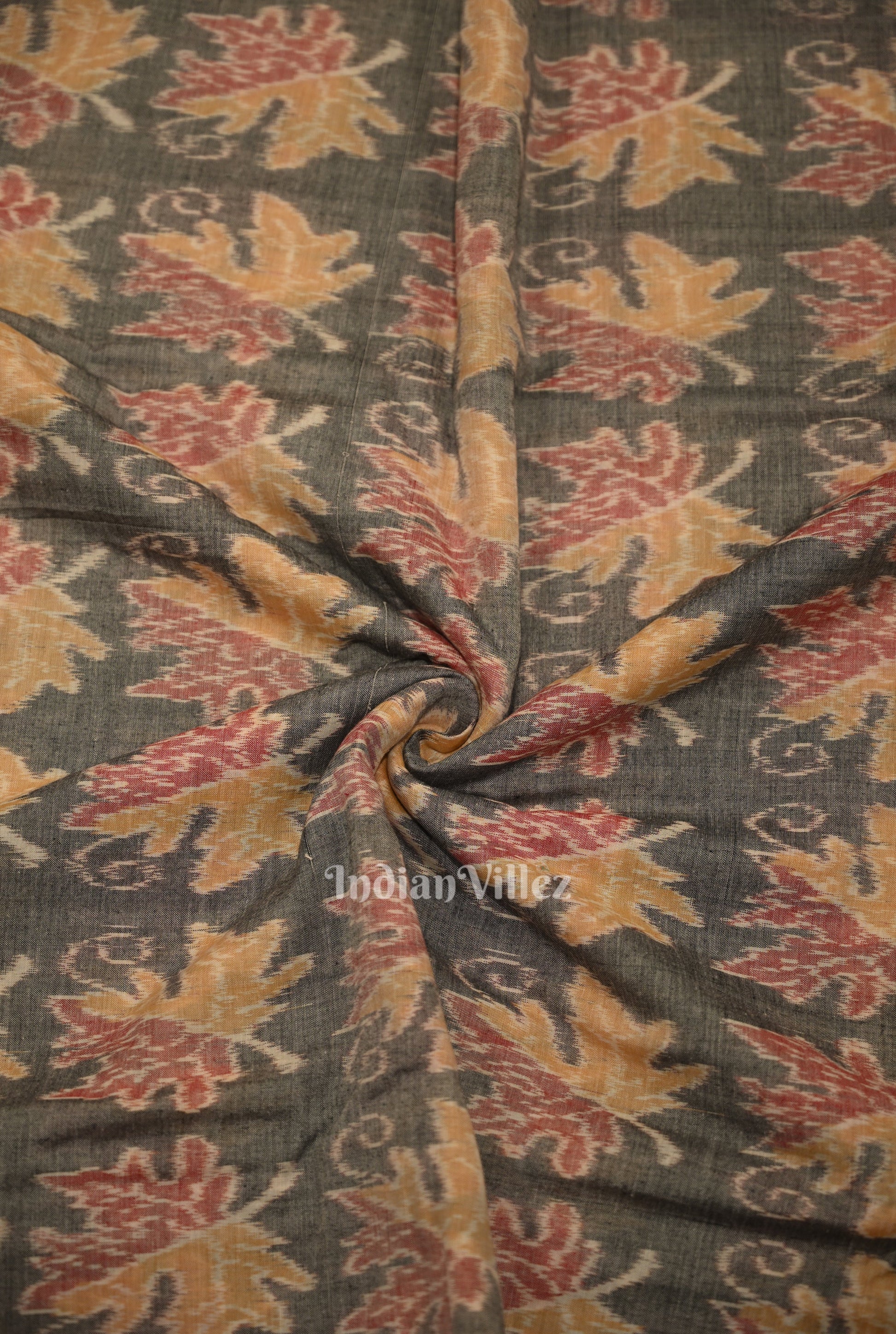Ash Gray Autumn Leaves Sambalpuri Odisha Ikat Cotton Fabric