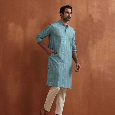 trueBrowns Men's Green Textured Cotton Dobby Kurta