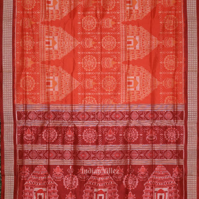 Orange Red Konark Theme Odisha Ikat Sambalpuri Silk Saree