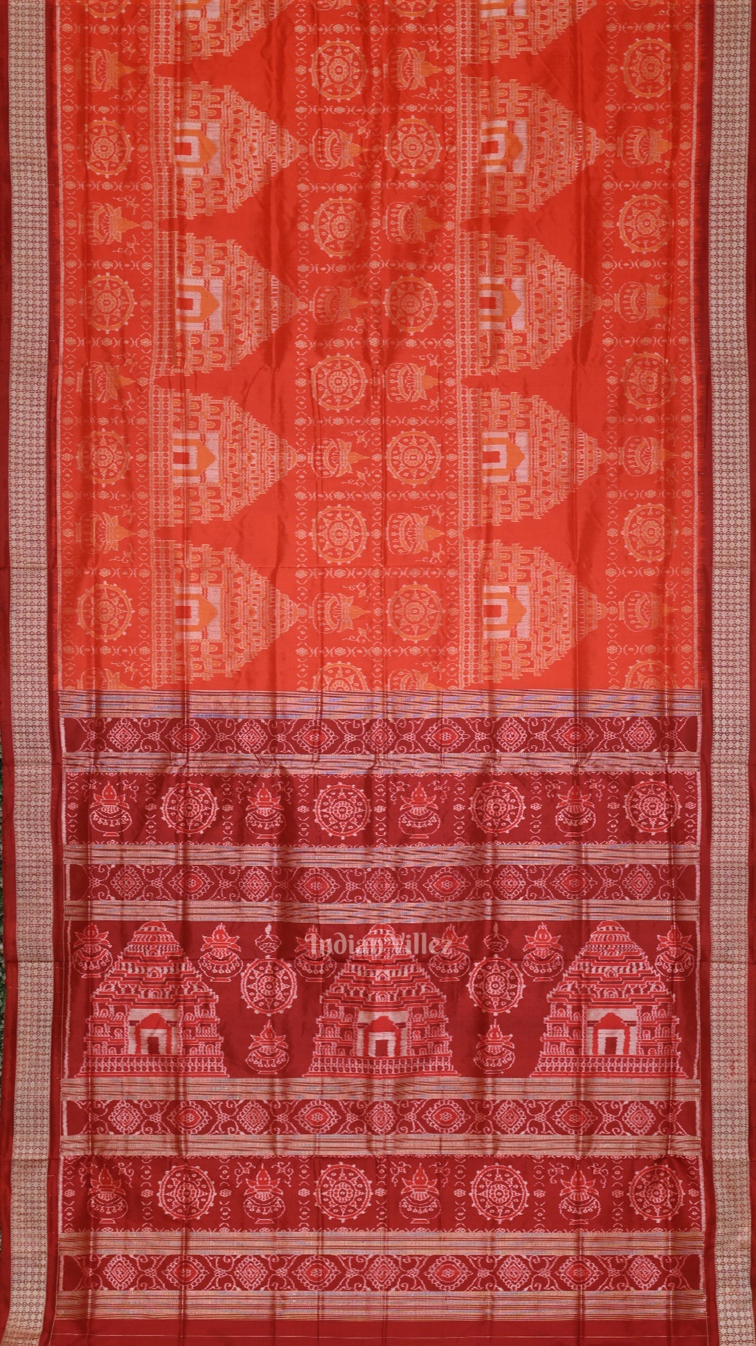 Orange Red Konark Theme Odisha Ikat Sambalpuri Silk Saree