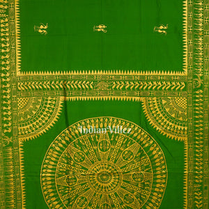 Parrot Green Dual Tone Tribal Themed Hand-Painted Pattachitra Saree
