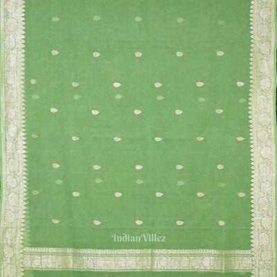 Parrot Green Pure Khaddi Chiffon Banarasi Saree