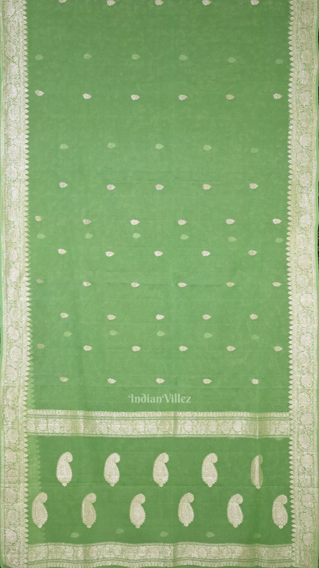 Parrot Green Pure Khaddi Chiffon Banarasi Saree