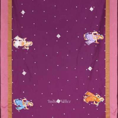 Magenta Pink Raja Doli Theme Hand-Painted Pattachitra Saree