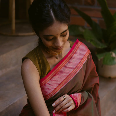 Brown Handloom Kanchi Cotton Saree With Diamond Motifs