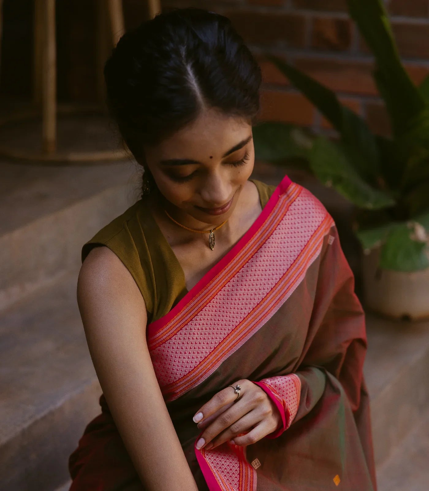 Brown Handloom Kanchi Cotton Saree With Diamond Motifs