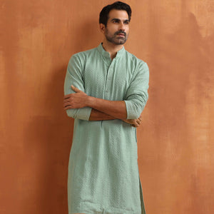 trueBrowns Men's Green Cotton Dobby Kurta