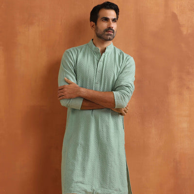 trueBrowns Men's Green Cotton Dobby Kurta