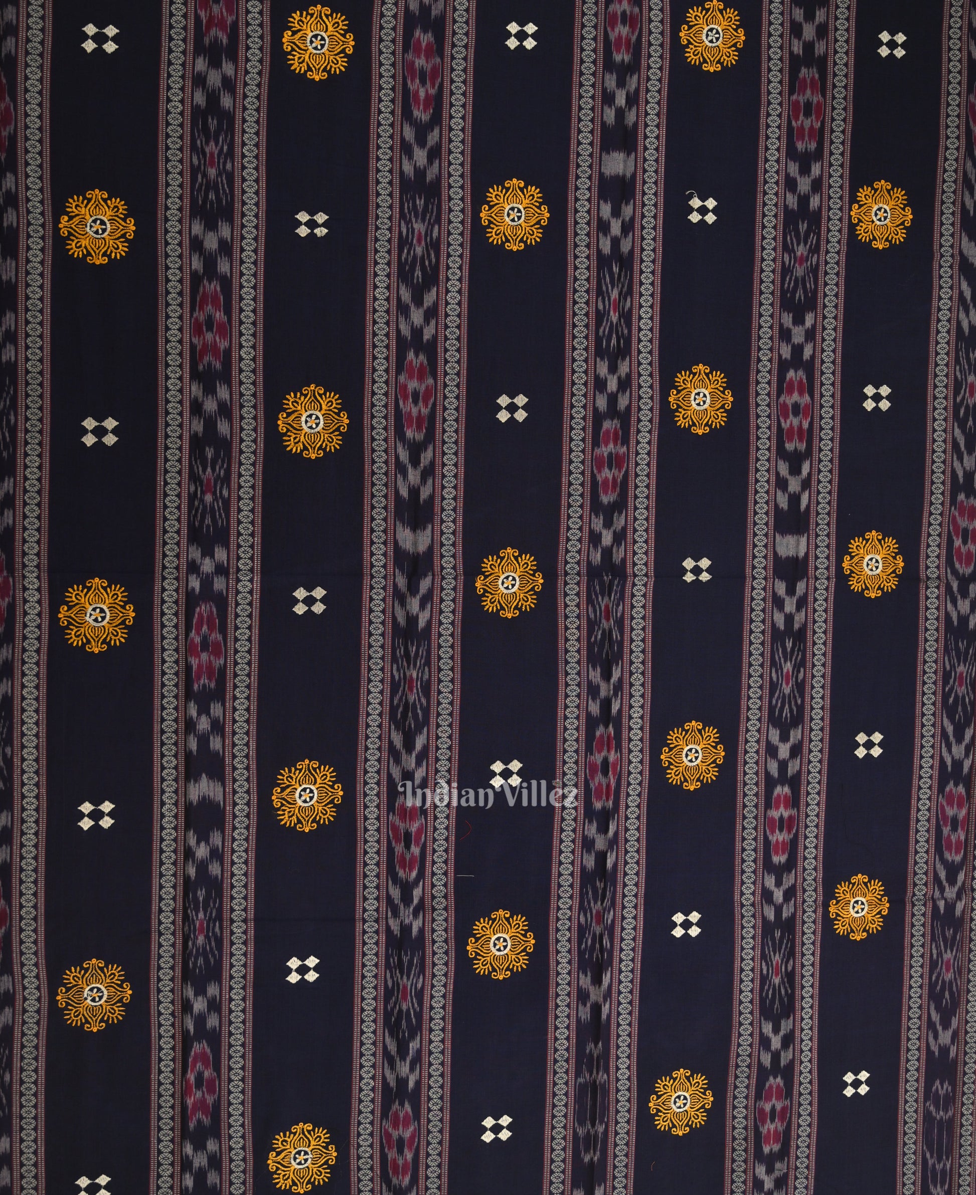 Navy Blue Yellow Flower Buti Odisha Ikat Sambalpuri Dress Material & Dupatta