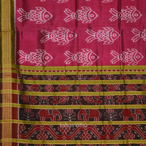 Magenta Pink Green Fish Motif Sambalpuri Odisha Ikat Contemporary Silk Saree