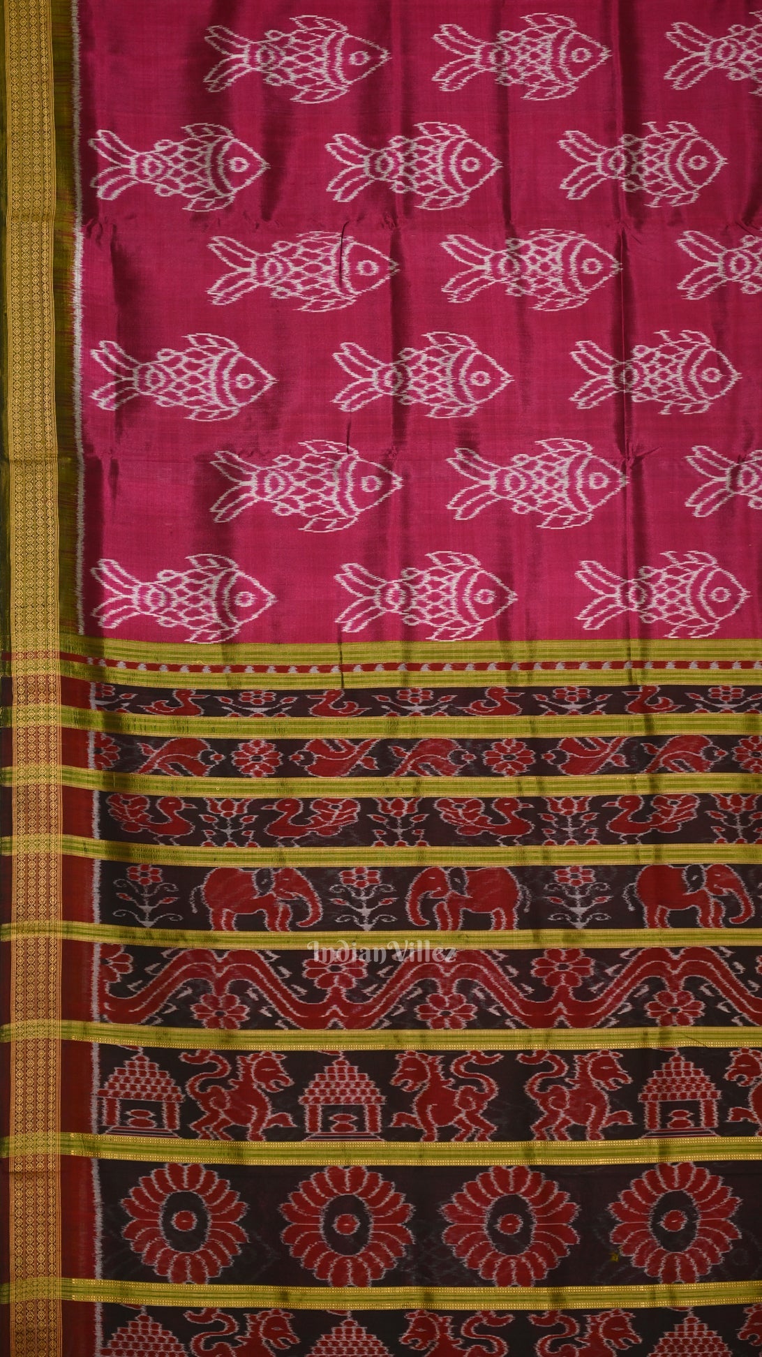 Magenta Pink Green Fish Motif Sambalpuri Odisha Ikat Contemporary Silk Saree