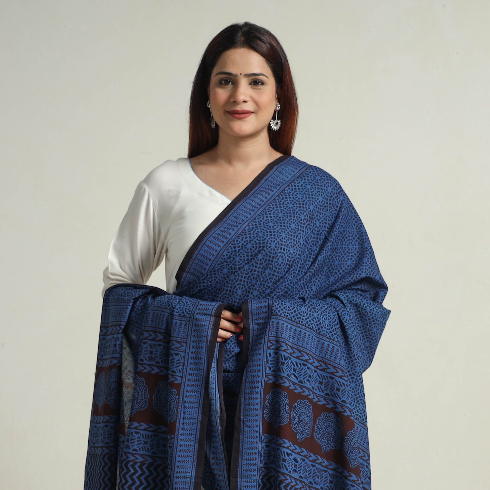 Blue - Block Printed Natural Dyed Cotton Bagh Dupatta 04