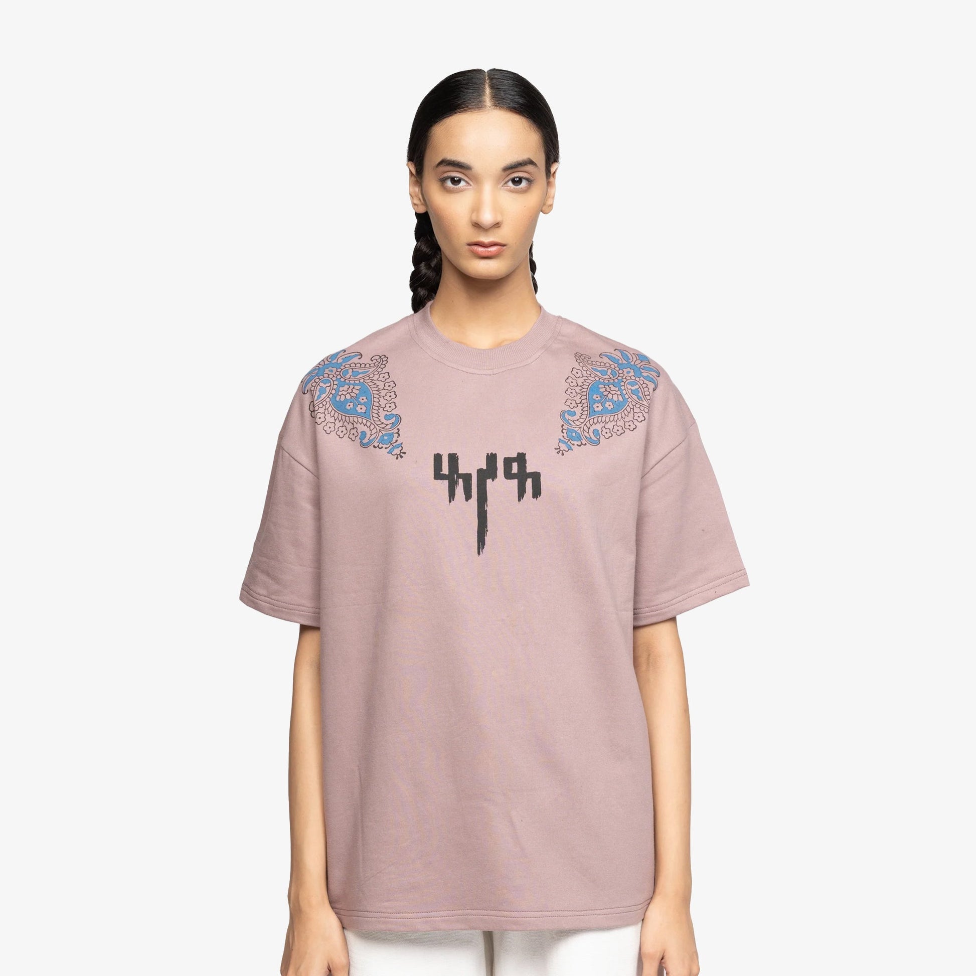 F A R A K | MAUVE BLOCK PRINTED T-SHIRT { PINK/PINK