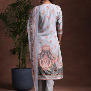 Grey Printed Poly Crepe Straight Suit With Dupatta