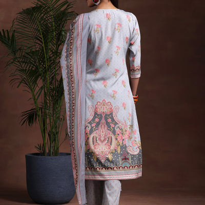 Grey Printed Poly Crepe Straight Suit With Dupatta